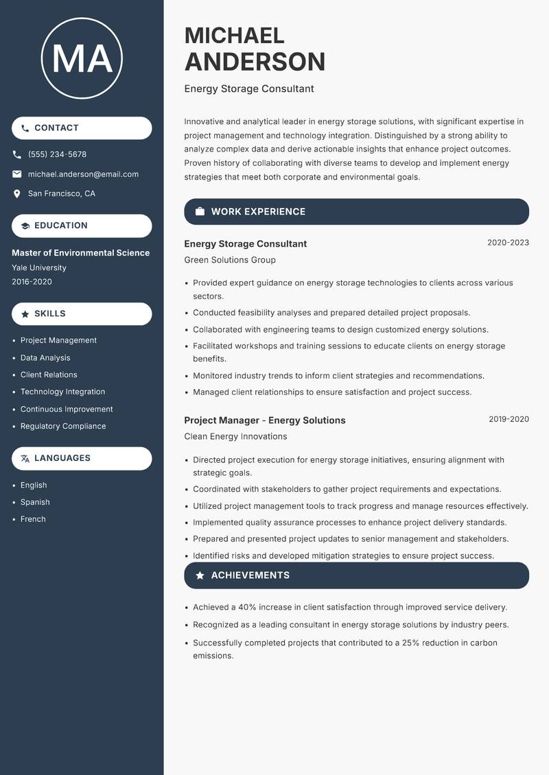 Director of Energy Storage resume sample — Energy Storage Consultant focus