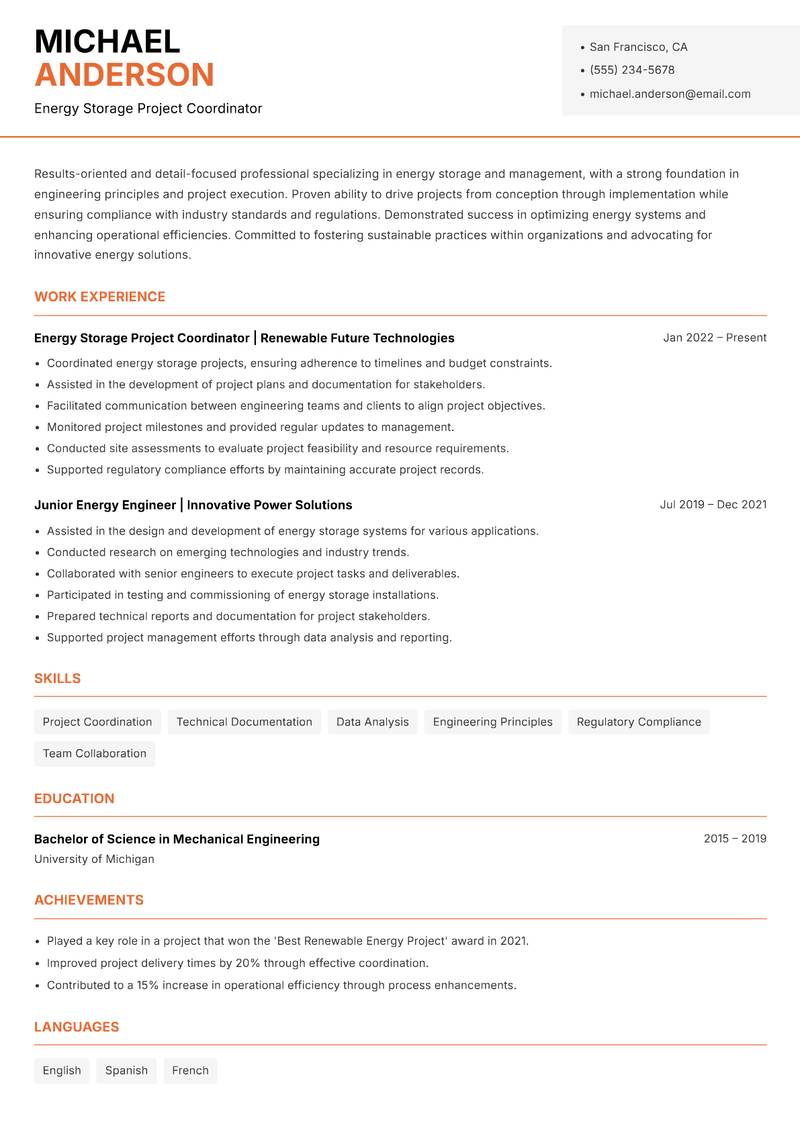 Director of Energy Storage resume sample — Energy Storage Project Coordinator focus