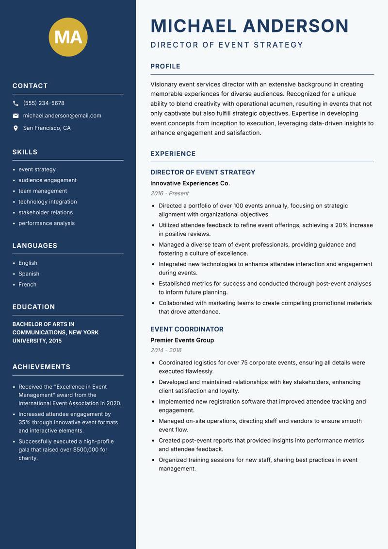 Director of Event Services resume sample — Director of Event Strategy focus