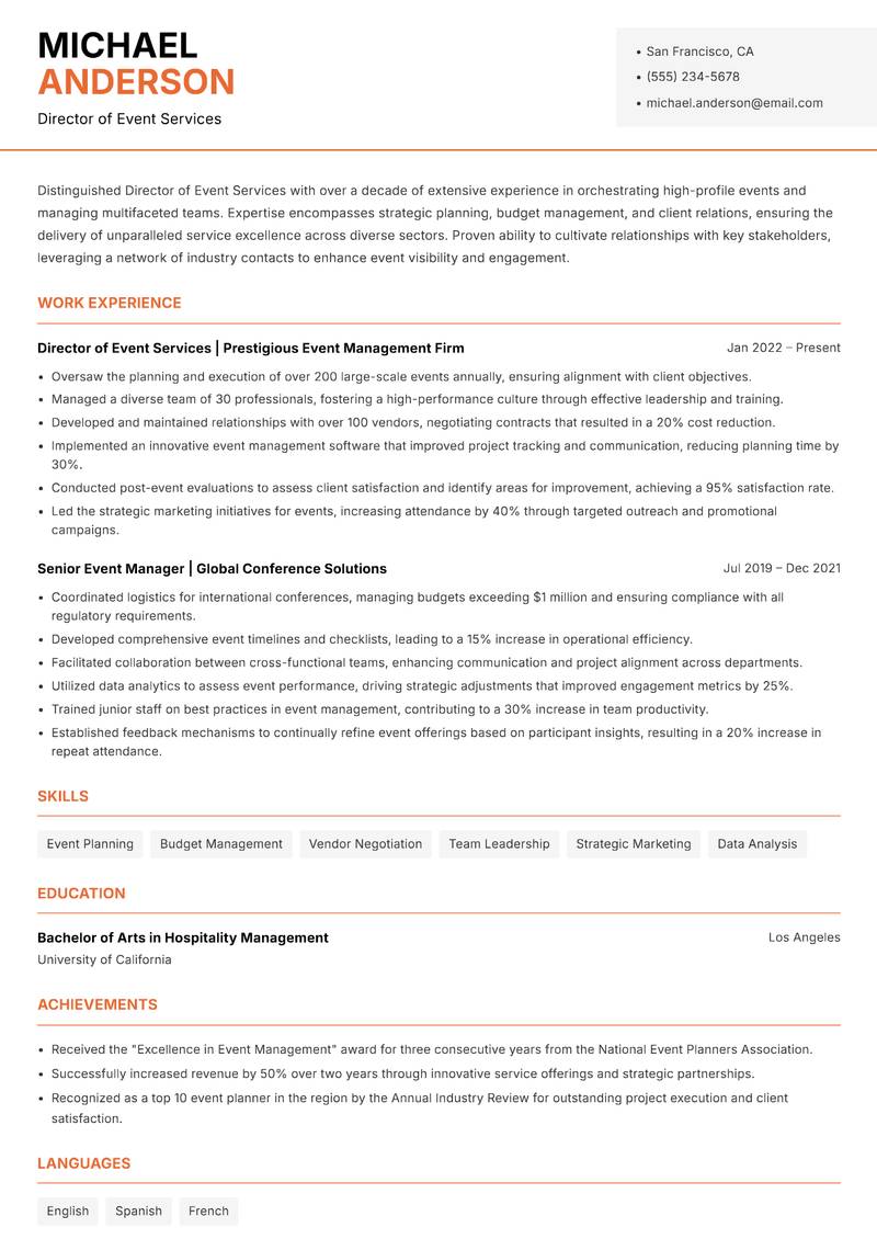 Director of Event Services resume sample — Director of Event Services focus
