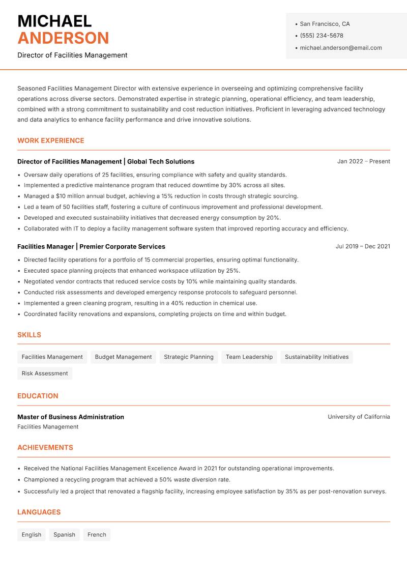 Director of Facilities Management resume sample — Director of Facilities Management focus
