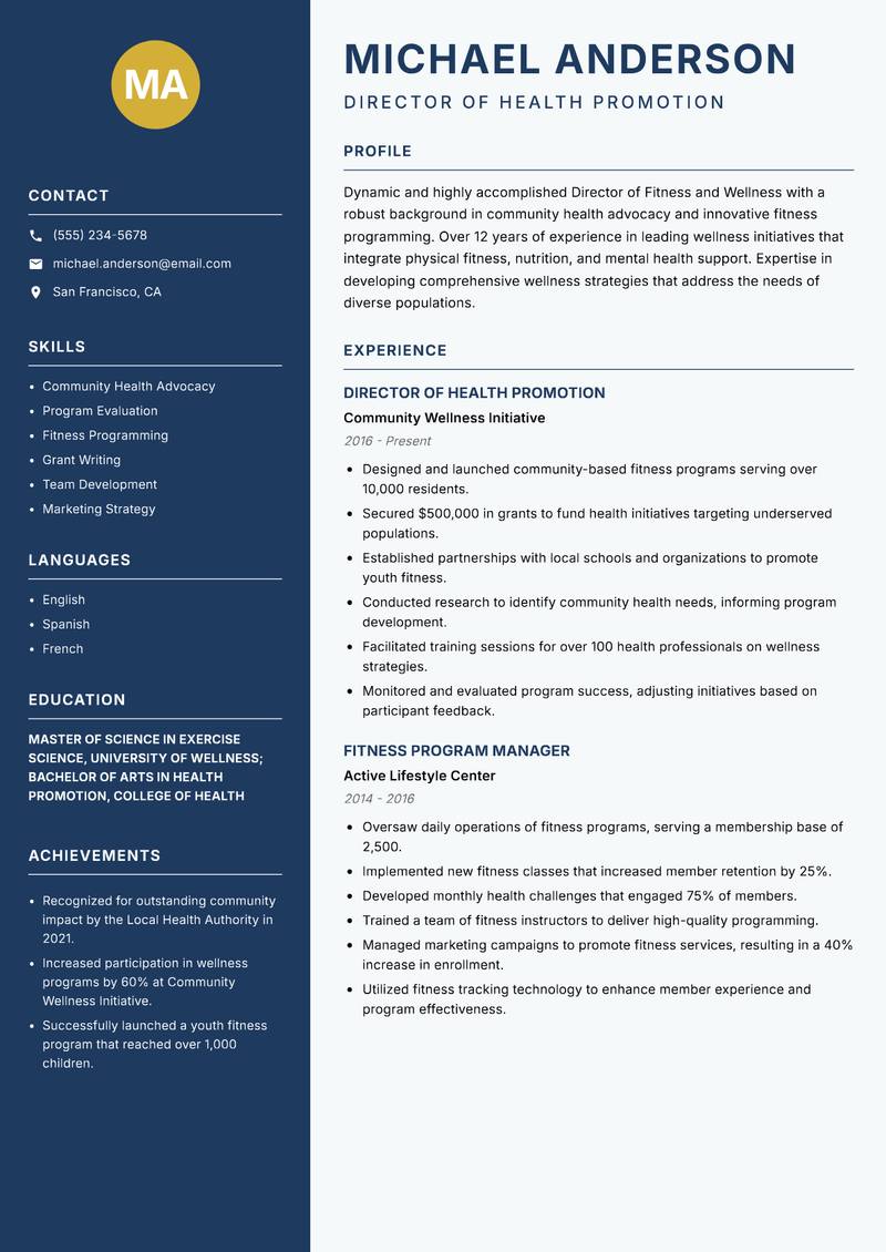 Director of Fitness and Wellness resume sample — Director of Health Promotion focus