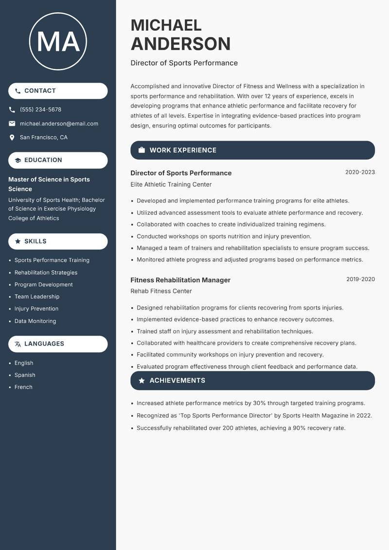 Director of Fitness and Wellness resume sample — Director of Sports Performance focus