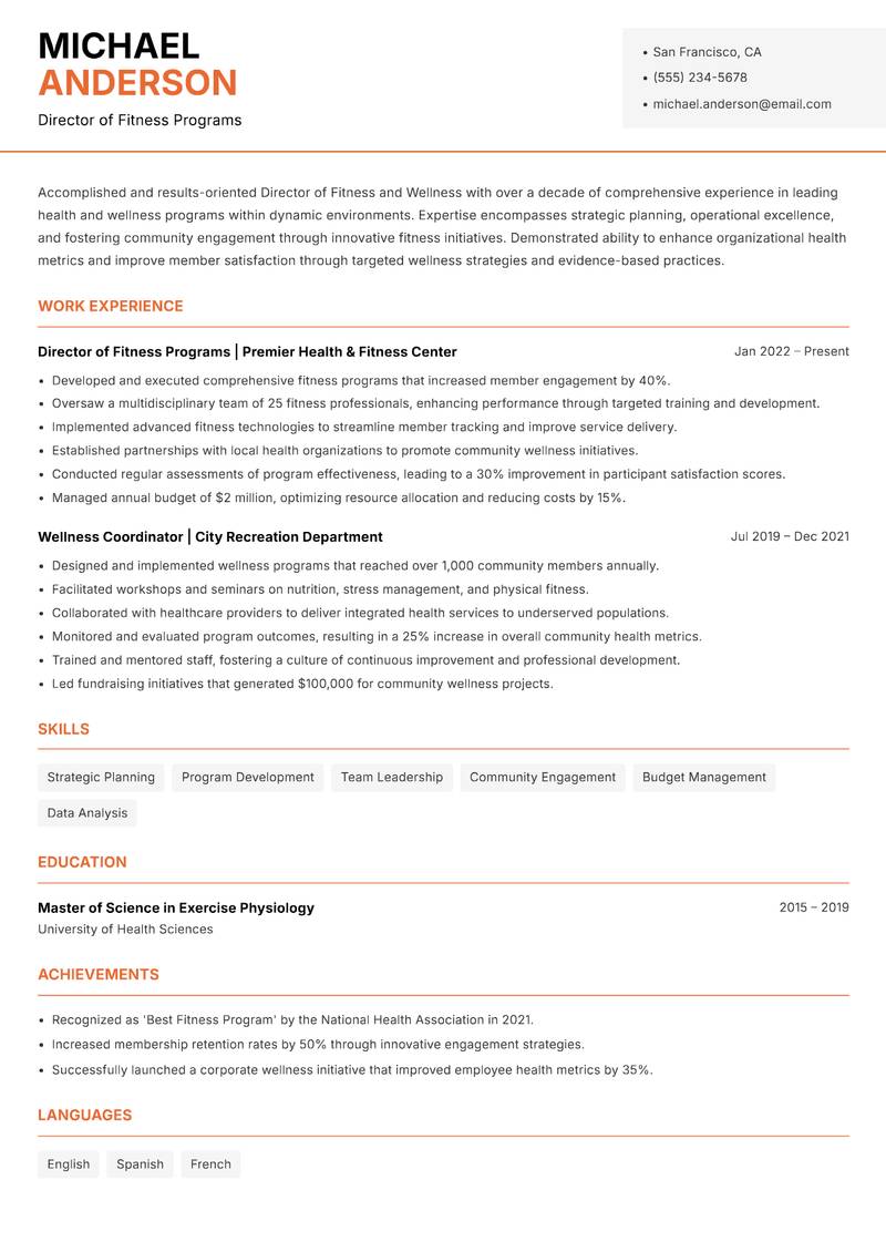 Director of Fitness and Wellness resume sample — Director of Fitness Programs focus