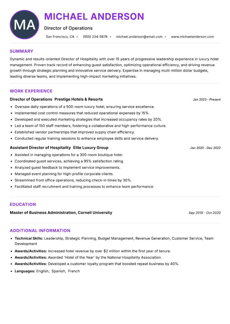 Director of Hospitality resume example