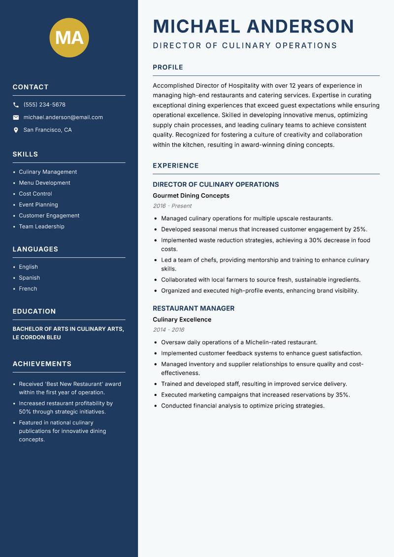 Director of Hospitality resume sample — Director of Culinary Operations focus