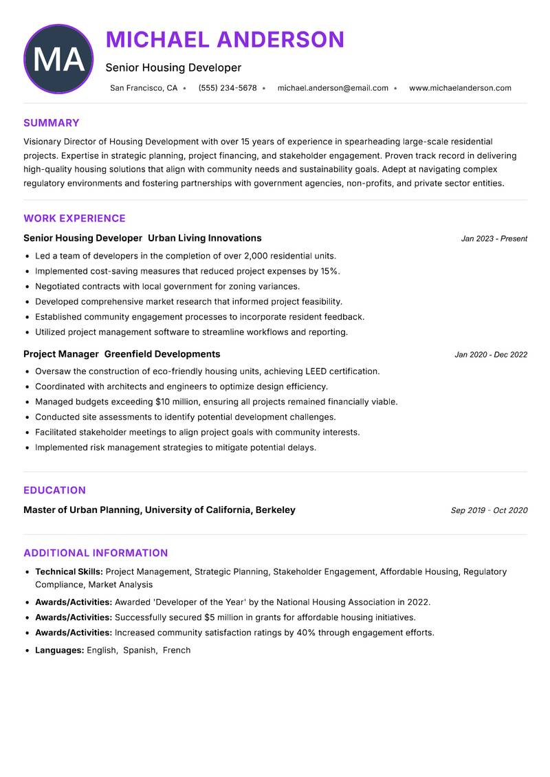Director of Housing Development resume example
