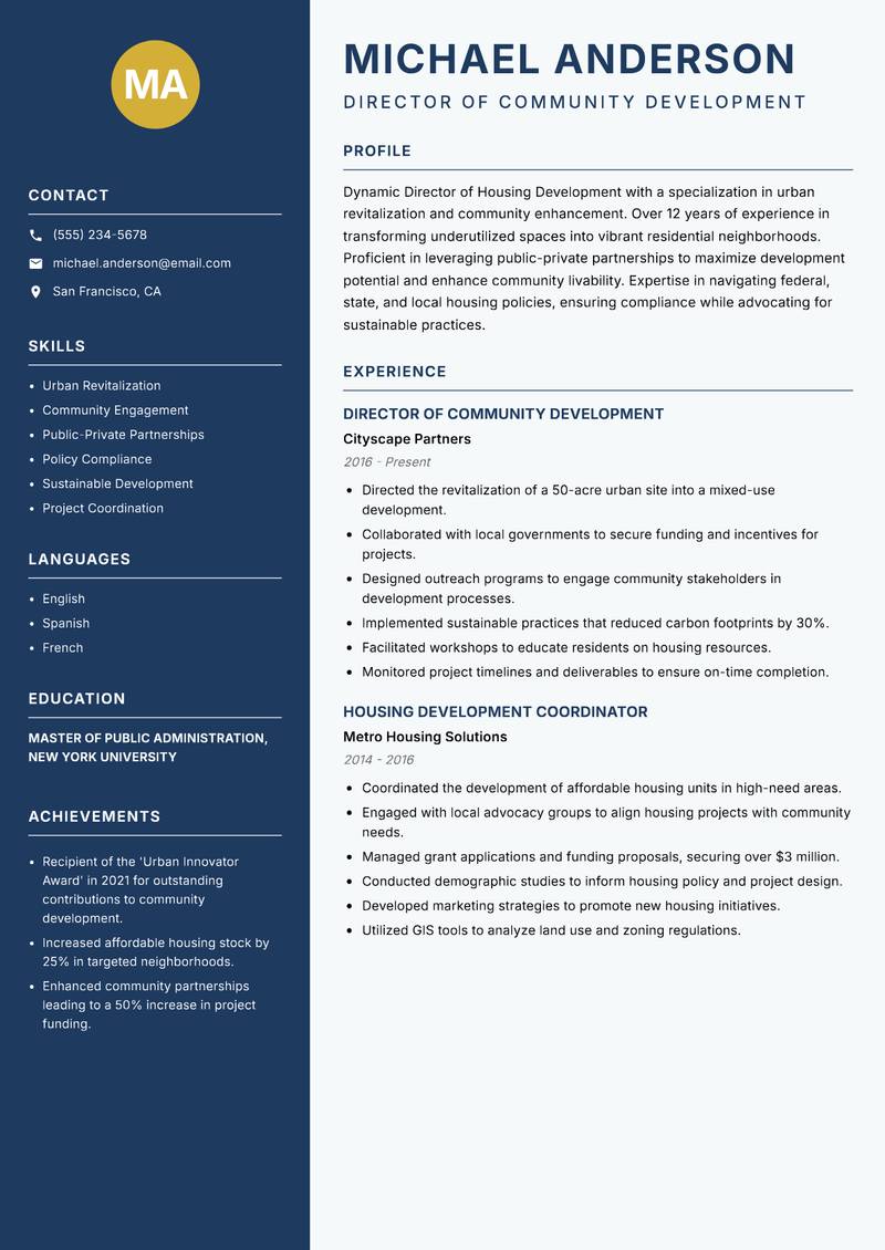 Director of Housing Development resume sample — Director of Community Development focus