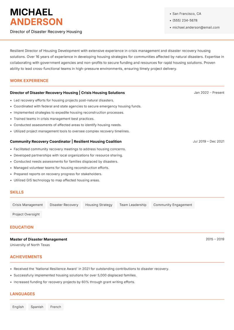 Director of Housing Development resume sample — Director of Disaster Recovery Housing focus