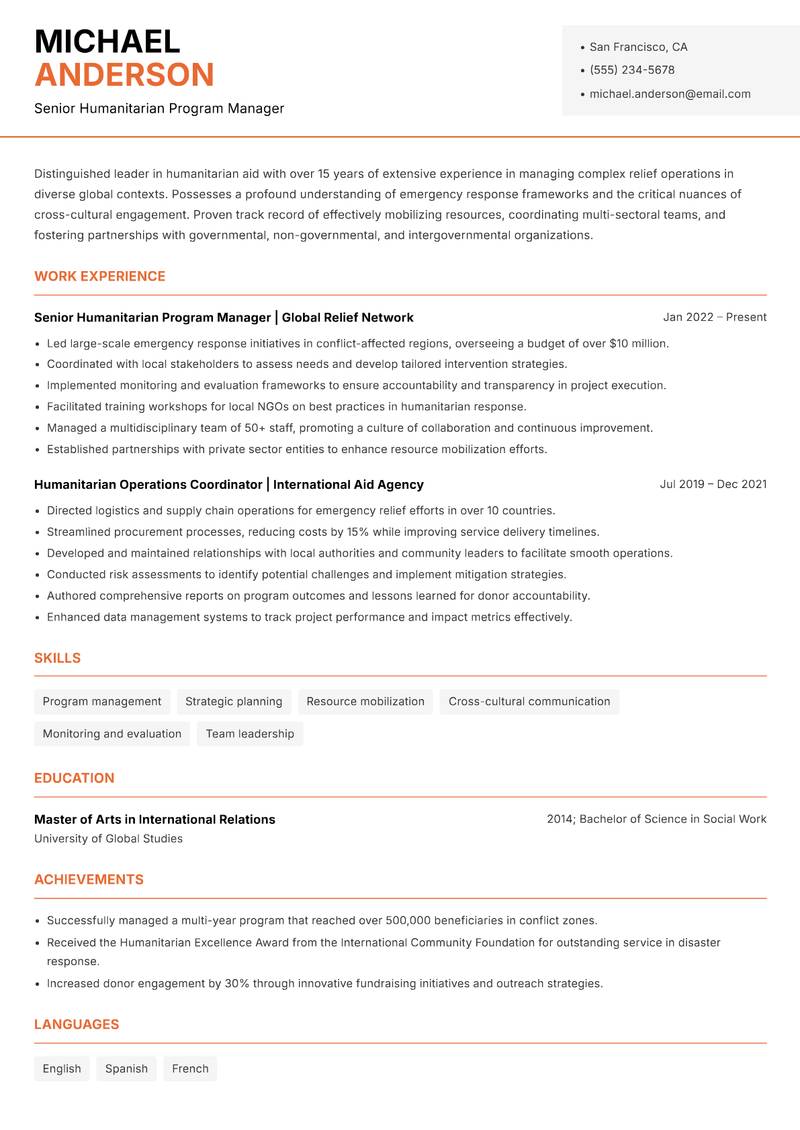 Director of Humanitarian Aid resume sample — Senior Humanitarian Program Manager focus