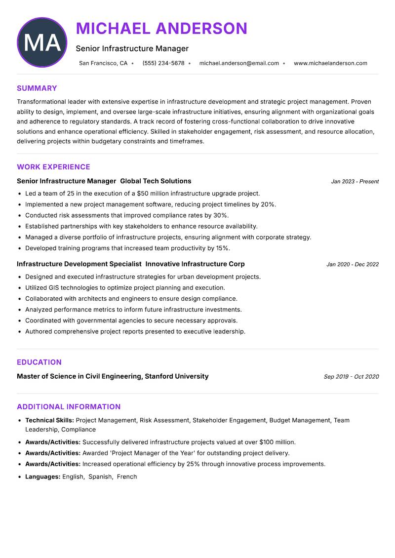 Director of Infrastructure Development resume example — Infrastructure Development