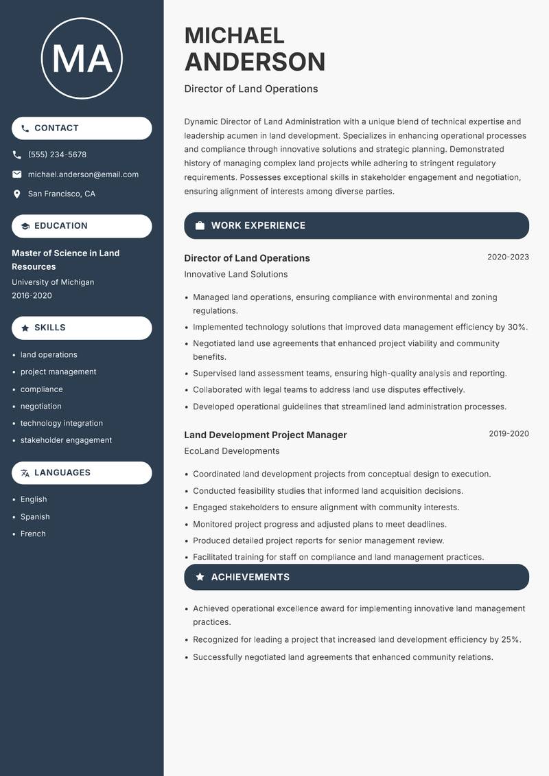 Director of Land Administration resume sample — Director of Land Operations focus