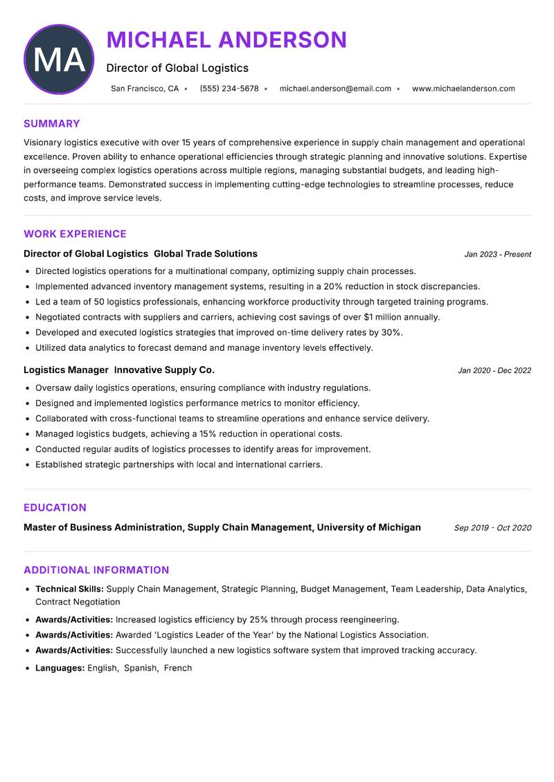 Director of Logistics resume example
