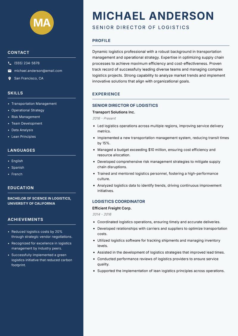 Director of Logistics resume sample — Senior Director of Logistics focus