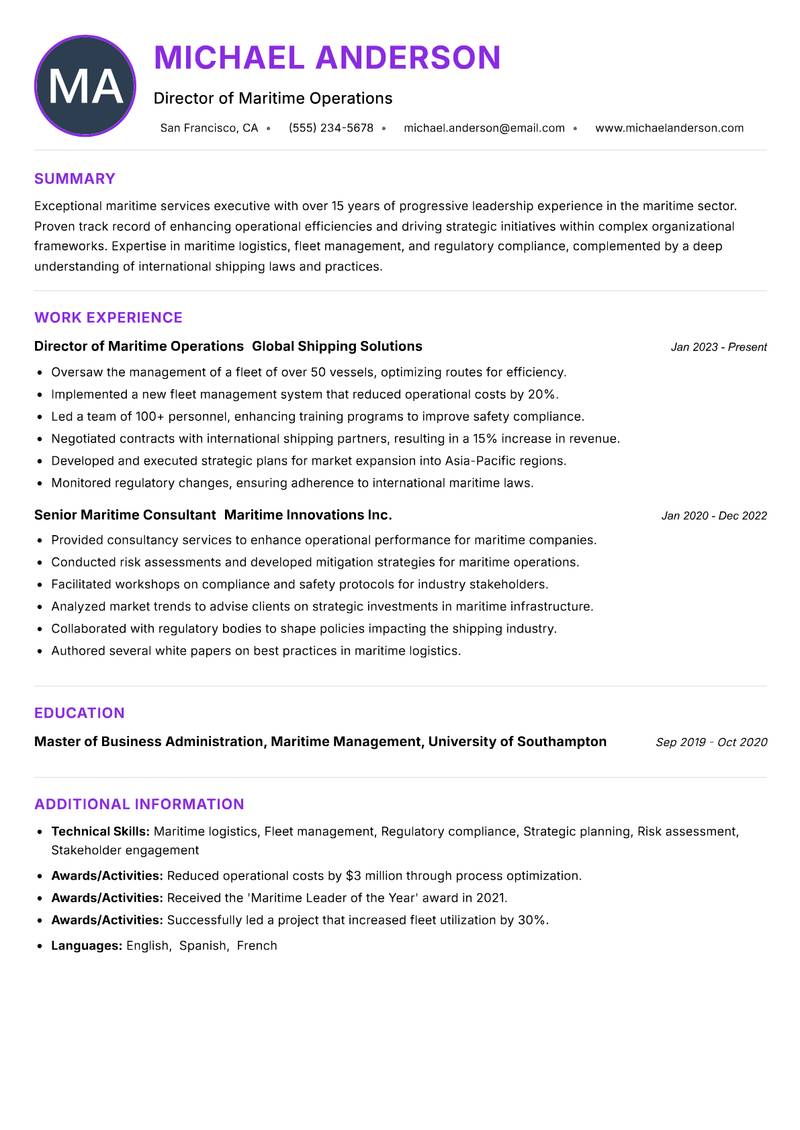 Director of Maritime Services resume example