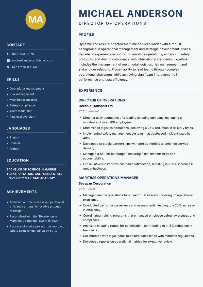 Director of Maritime Services resume sample — Director of Operations focus