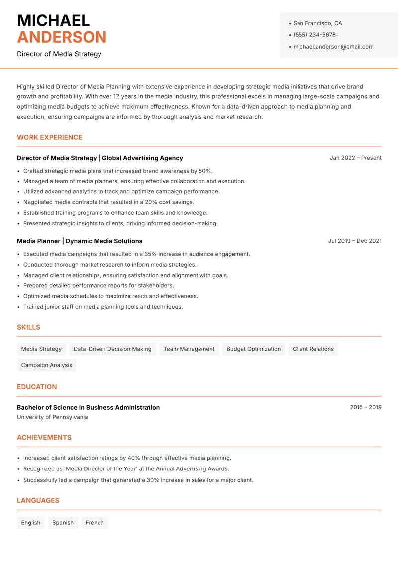 Director of Media Planning resume sample — Director of Media Strategy focus