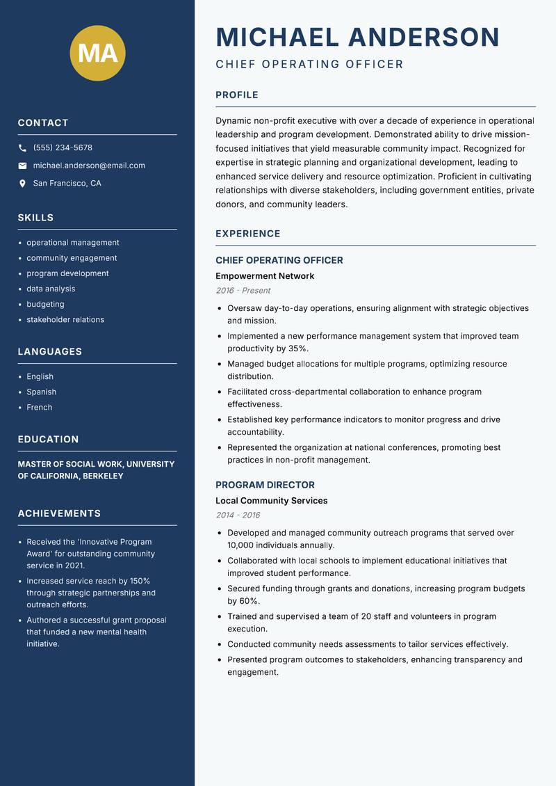 Director of Non-Profit Management resume sample — Chief Operating Officer focus