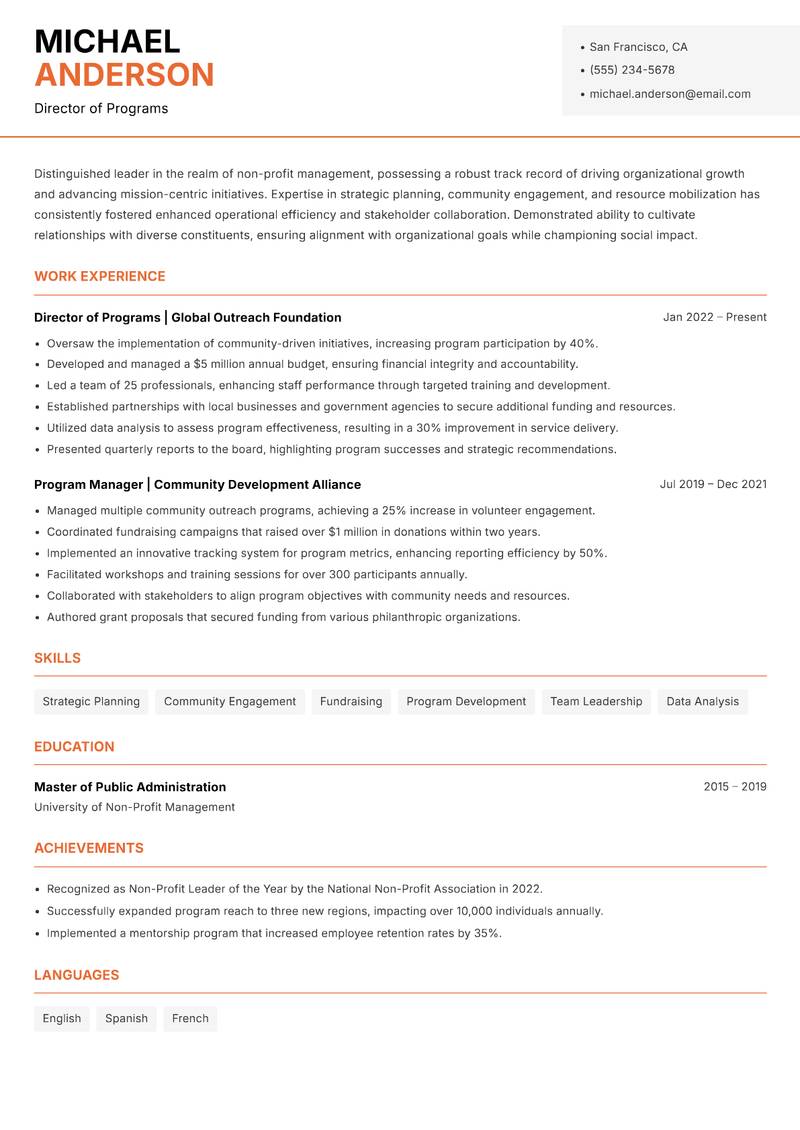 Director of Non-Profit Management resume sample — Director of Programs focus