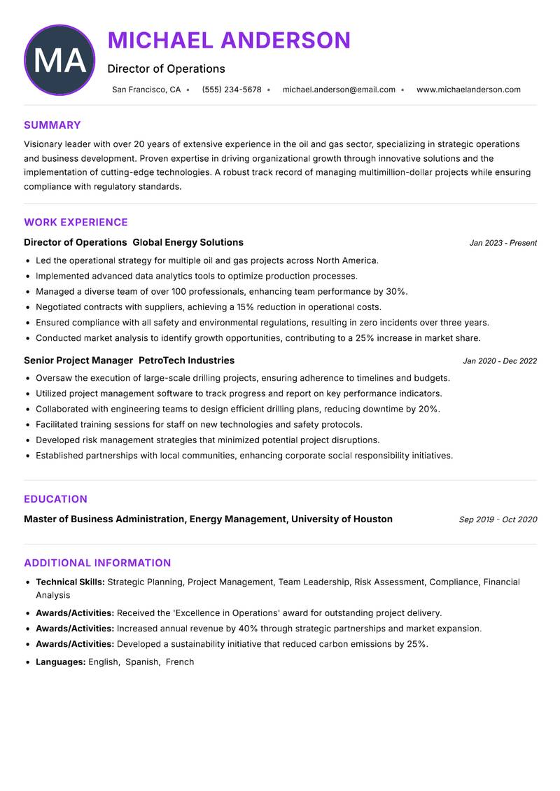 Director of Oil and Gas resume example — Oil & Gas