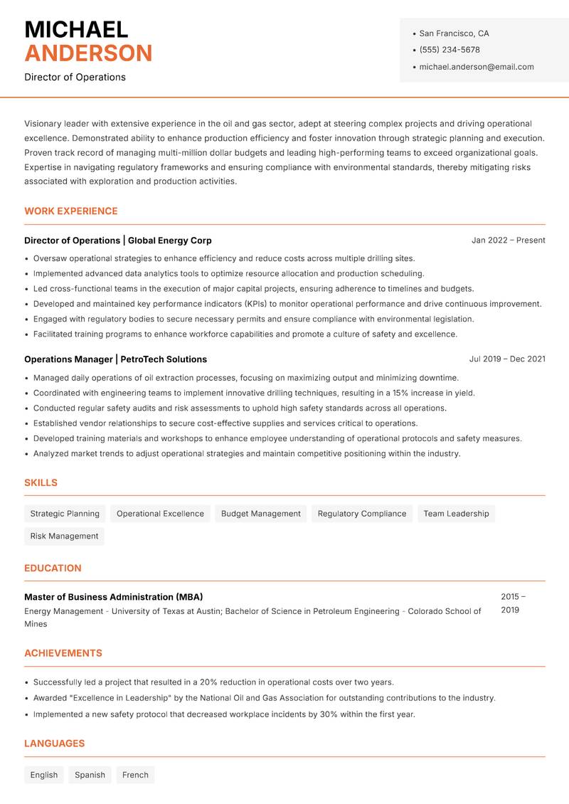Director of Oil and Gas resume sample — Director of Operations focus
