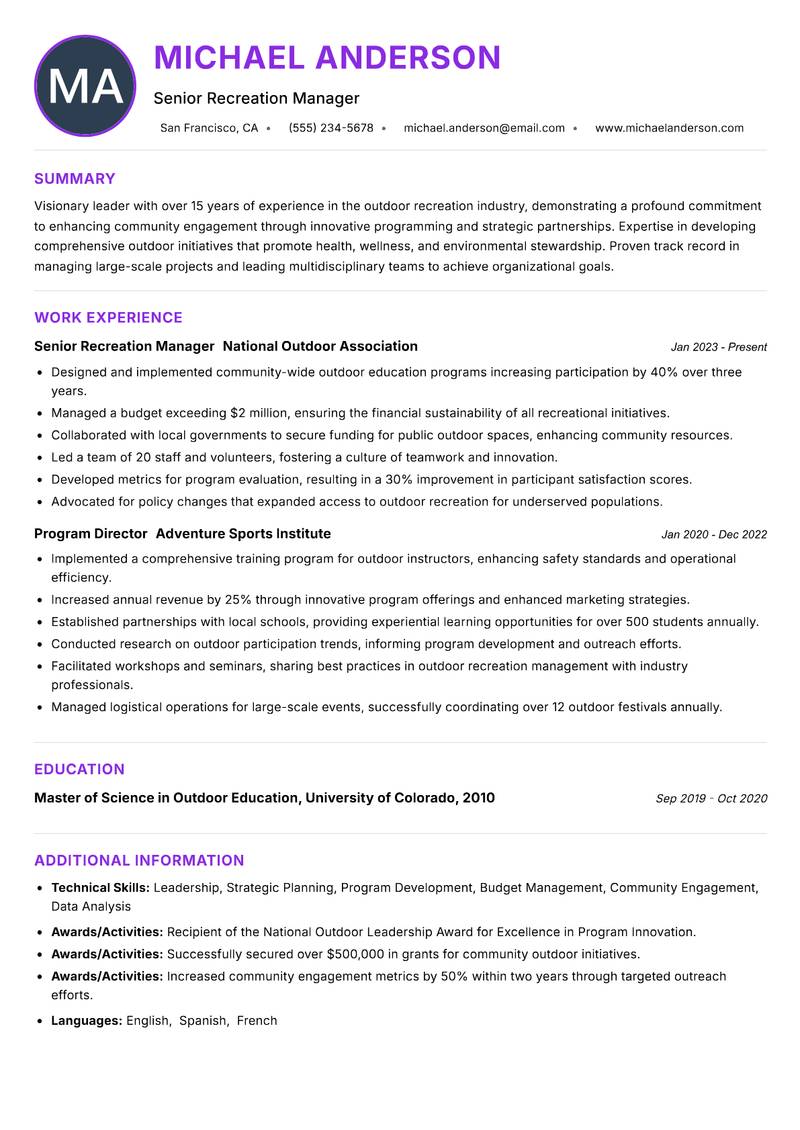 Director of Outdoor Recreation resume example