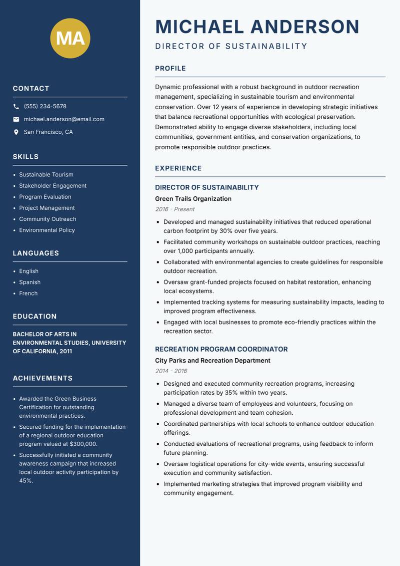 Director of Outdoor Recreation resume sample — Director of Sustainability focus