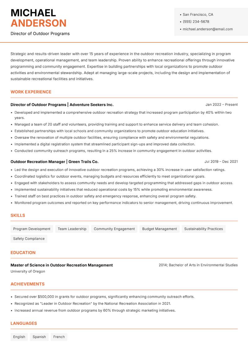 Director of Outdoor Recreation resume sample — Director of Outdoor Programs focus