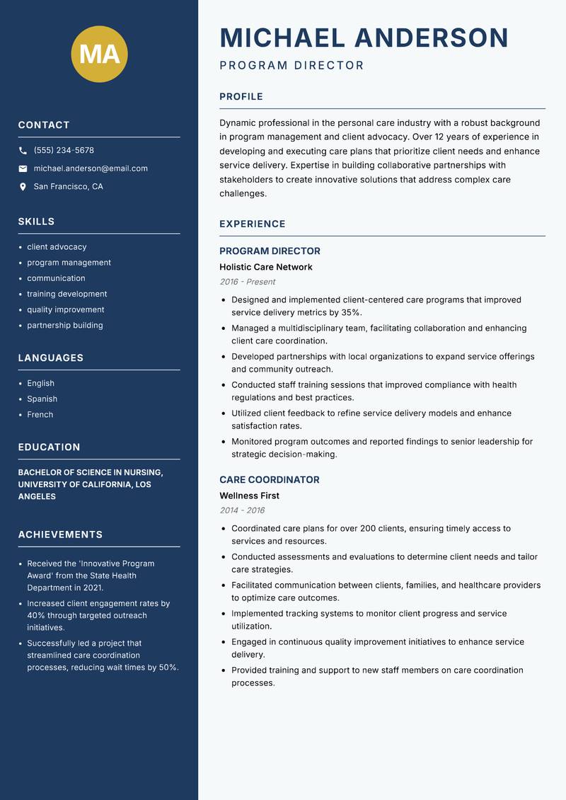 Director of Personal Care resume sample — Program Director focus