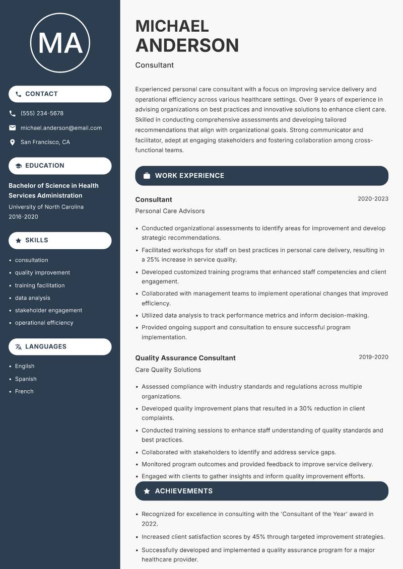 Director of Personal Care resume sample — Consultant focus