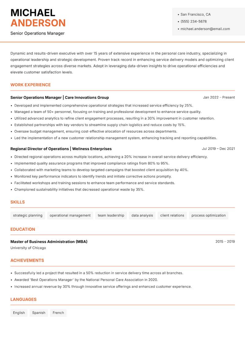 Director of Personal Care resume sample — Senior Operations Manager focus