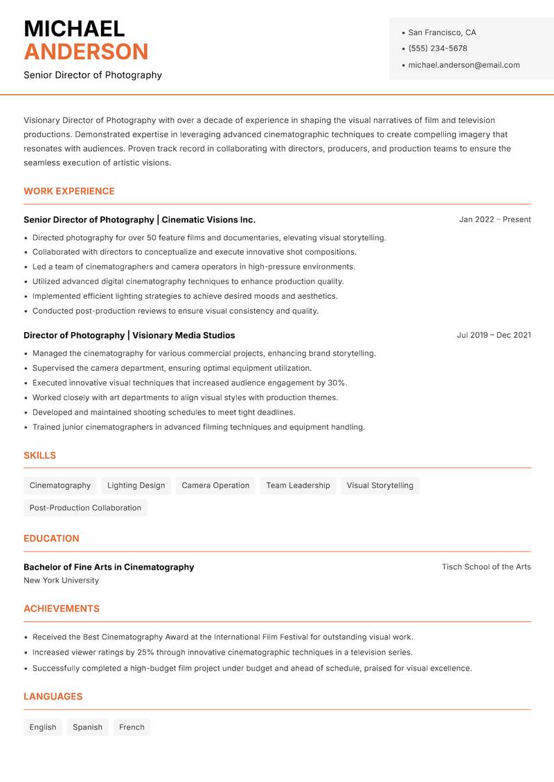 Director of Photography resume sample — Senior Director of Photography focus