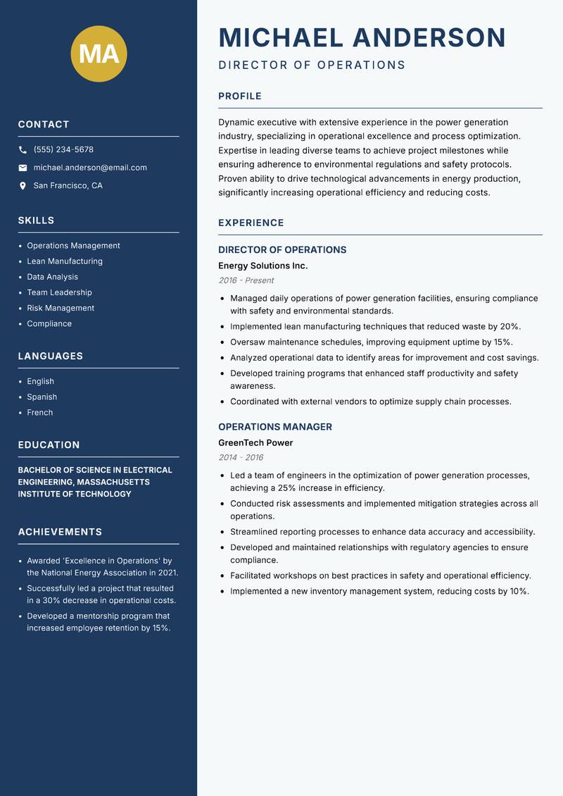 Director of Power Generation resume sample — Director of Operations focus