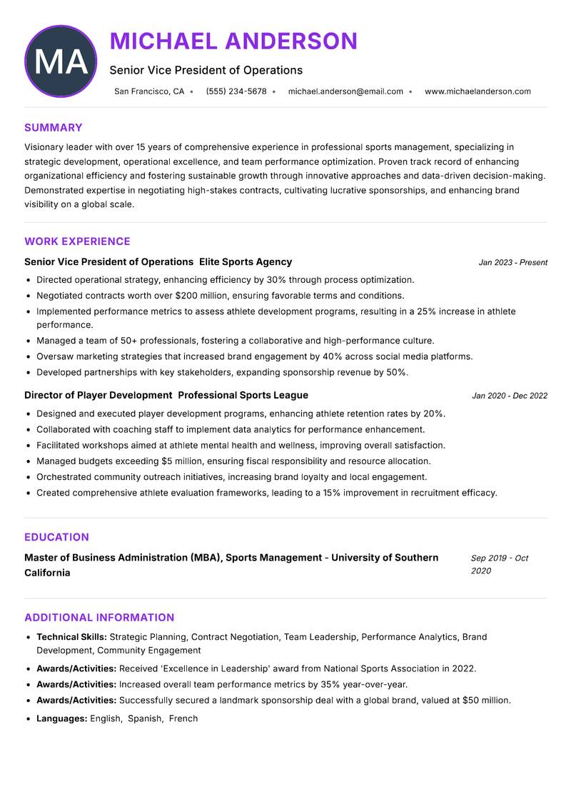 Director of Professional Sports resume example