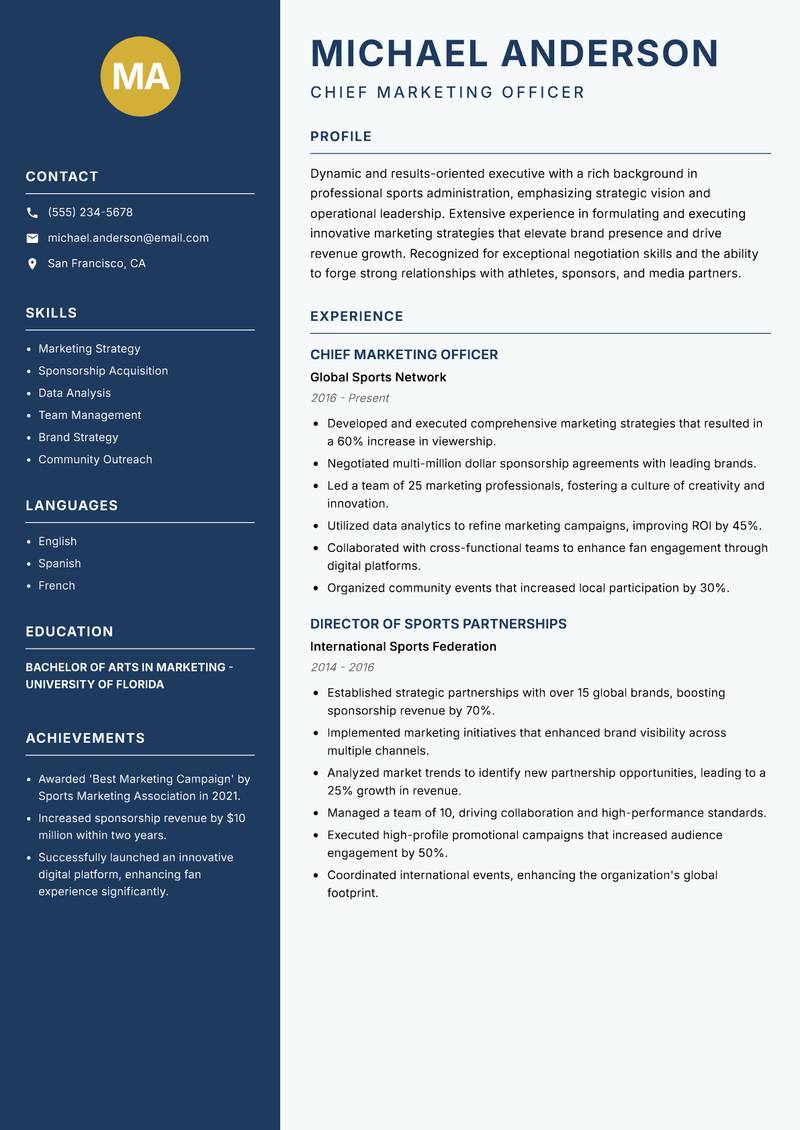 Director of Professional Sports resume sample — Chief Marketing Officer focus