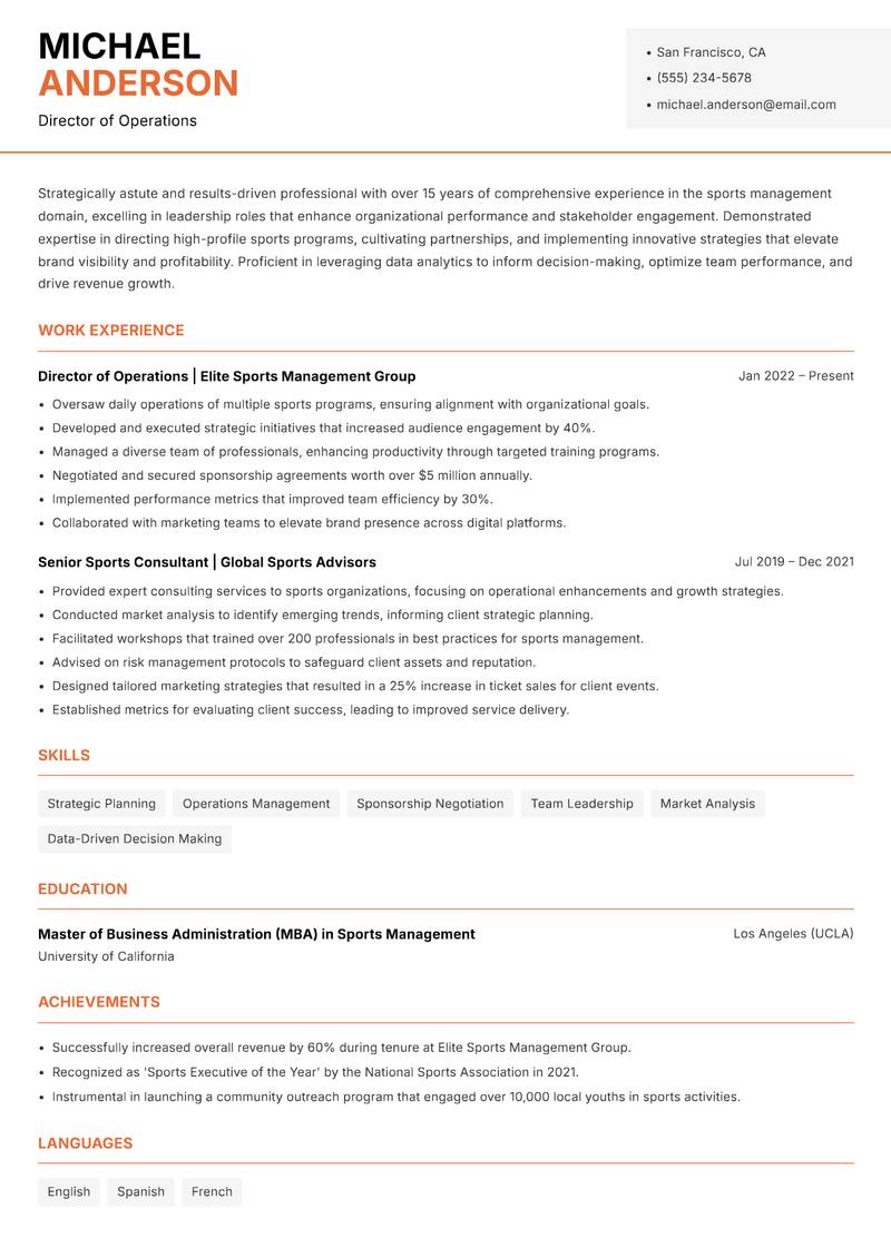 Director of Professional Sports resume sample — Director of Operations focus
