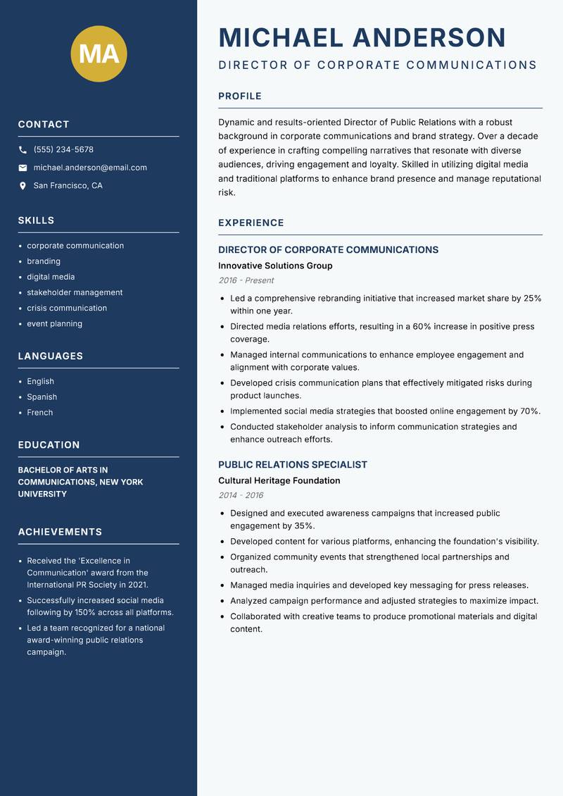 Director of Public Relations resume sample — Director of Corporate Communications focus