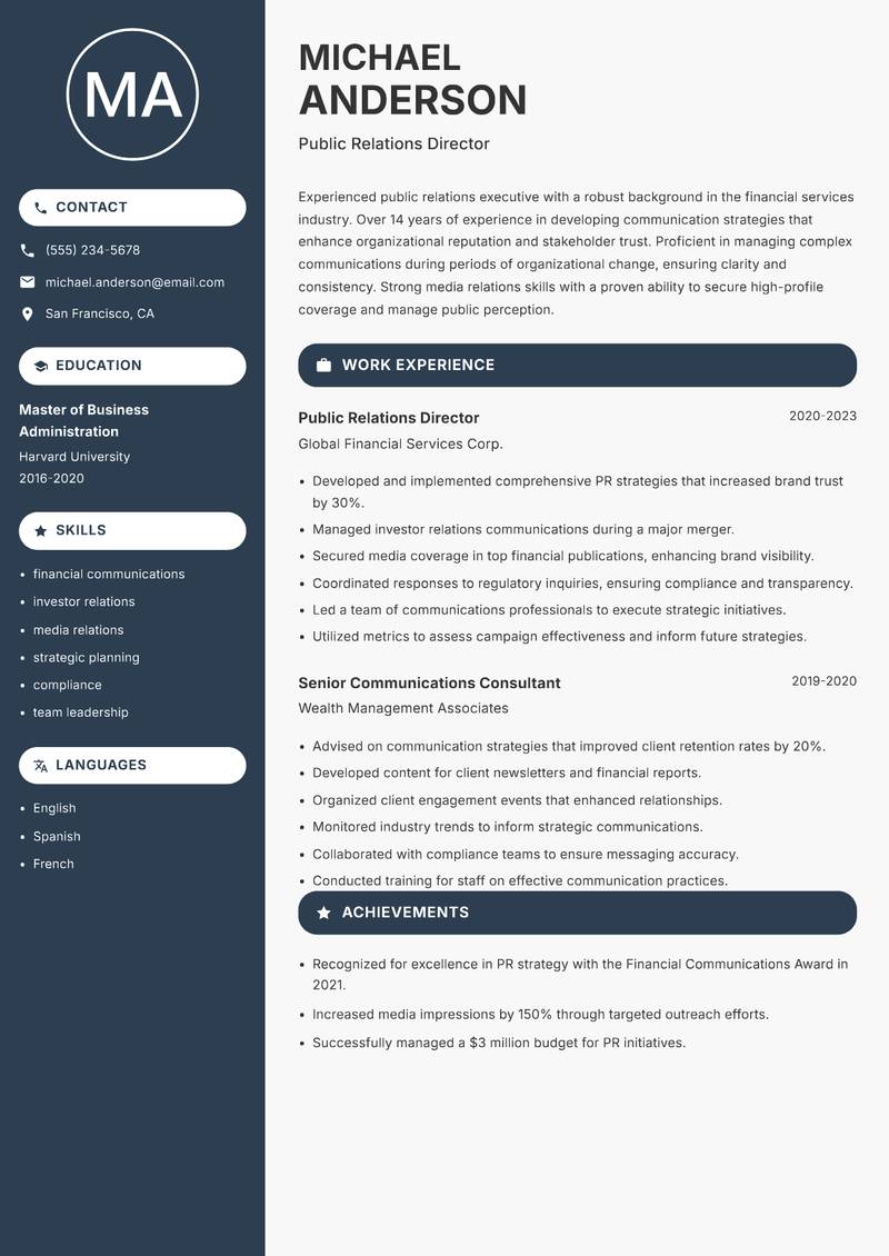 Director of Public Relations resume sample — Public Relations Director focus