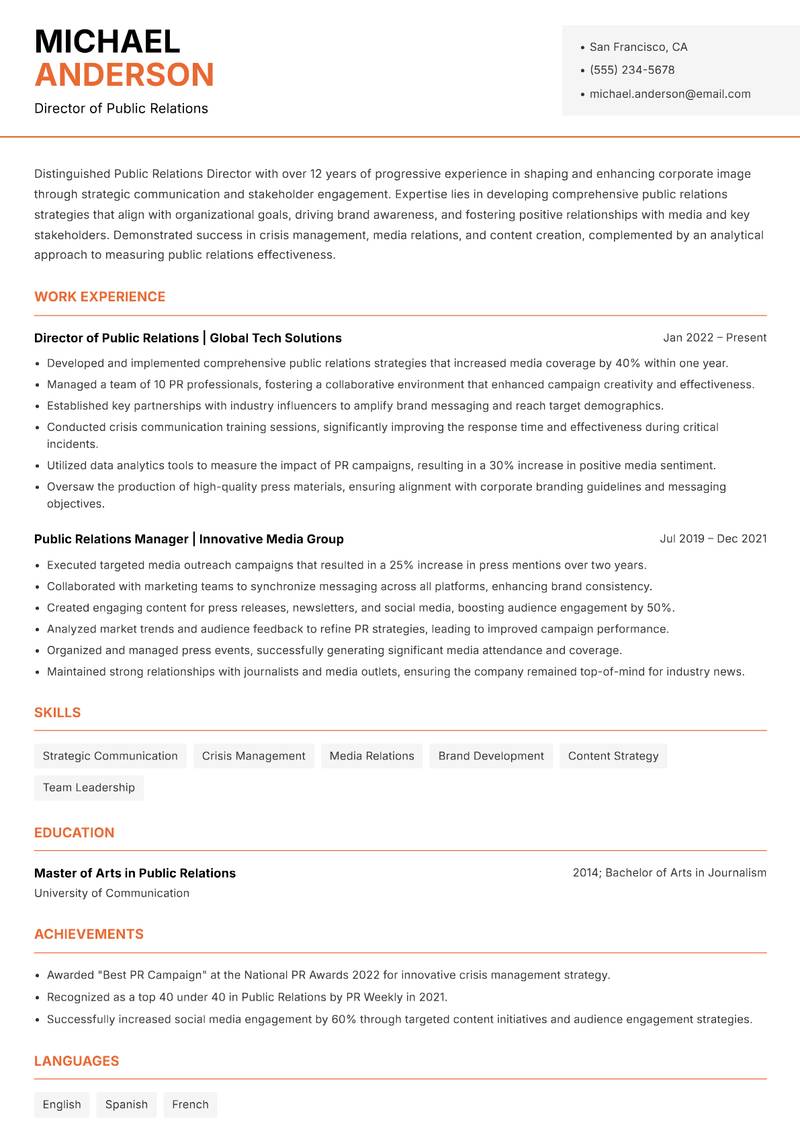 Director of Public Relations resume sample — Director of Public Relations focus