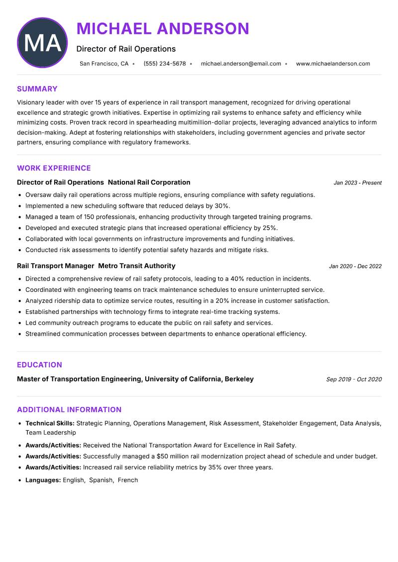 Director of Rail Transport resume example — Rail Transport