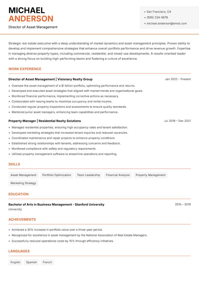 Director of Real Estate resume sample — Director of Asset Management focus