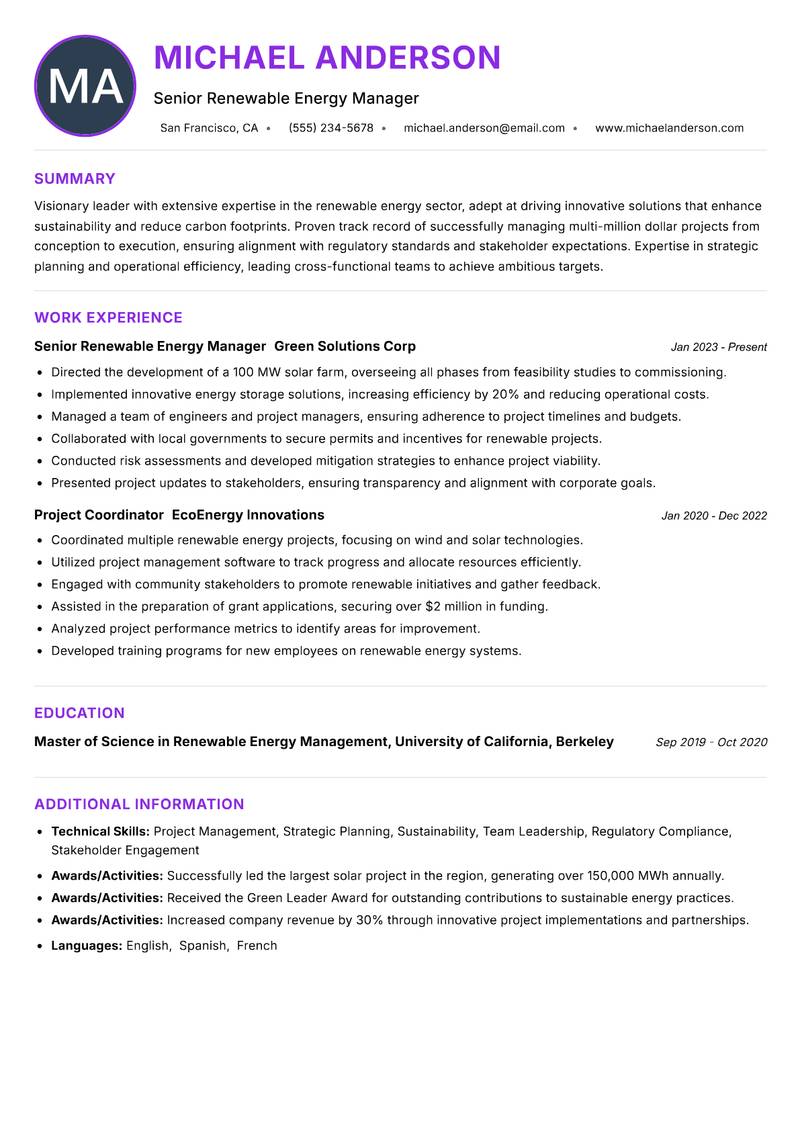 Director of Renewable Energy resume example