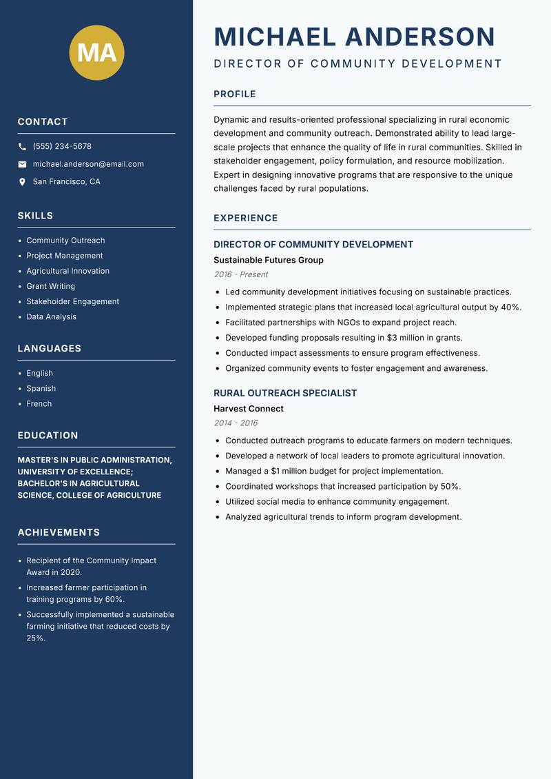 Director of Rural Development resume sample — Director of Community Development focus