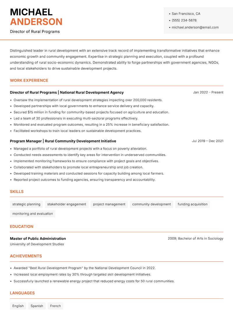 Director of Rural Development resume sample — Director of Rural Programs focus