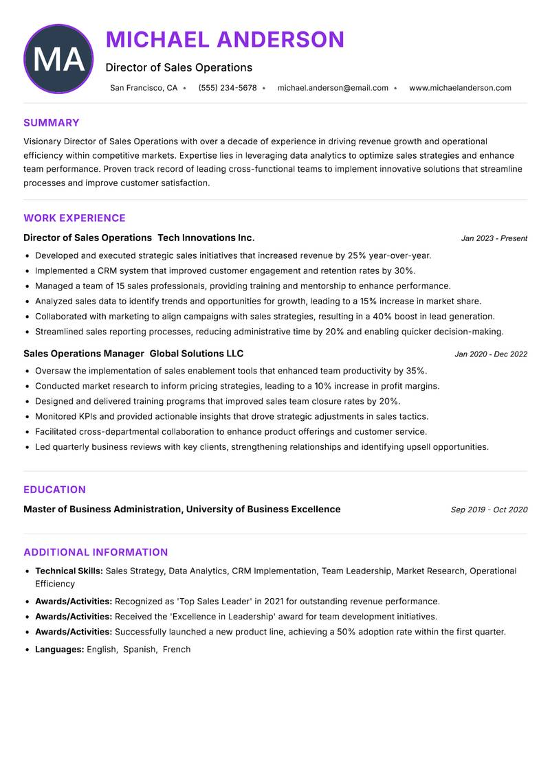 Director of Sales Operations resume example