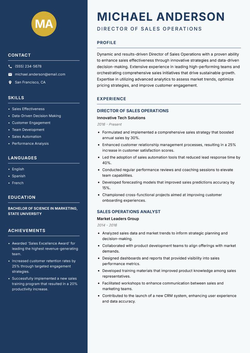 Director of Sales Operations resume sample — Director of Sales Operations focus
