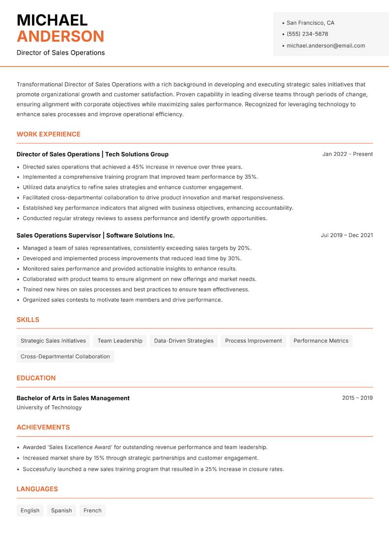 Director of Sales Operations resume sample — Director of Sales Operations focus