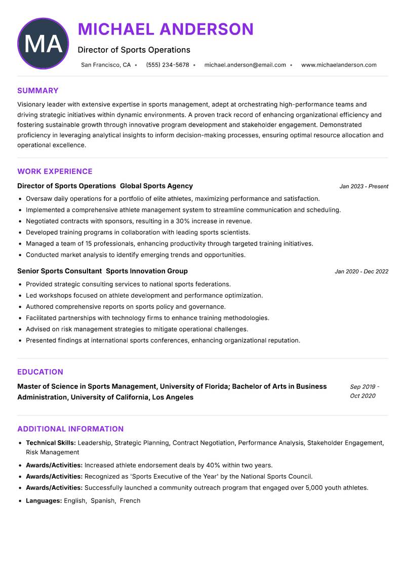 Director of Sports Management resume example