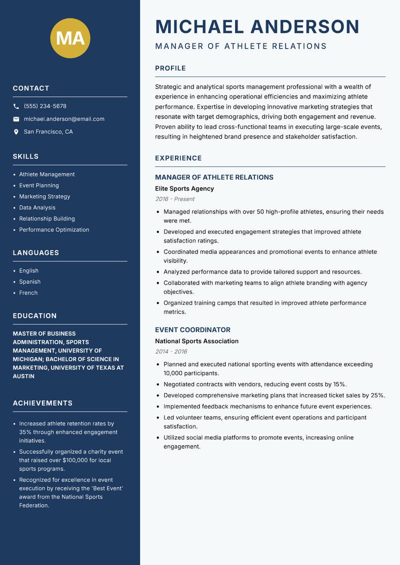 Director of Sports Management resume sample — Manager of Athlete Relations focus