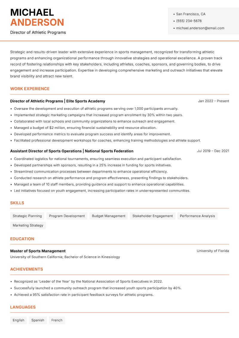 Director of Sports Management resume sample — Director of Athletic Programs focus
